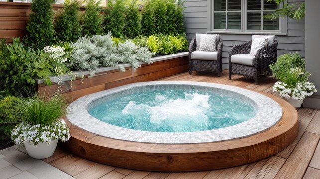 Relaxing outdoor spa with bubbling water and comfortable seating area