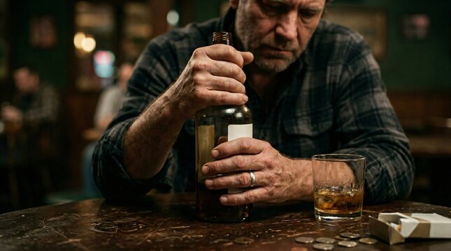 Sad man sitting at pub table with bottle of alcohol and glass of whiskey. Lonely mature male feeling depressed and drinking alone in dark bar. Concept of addiction and emotional pain.