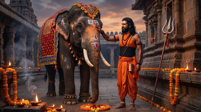 Machindranath, the revered Nath Yogi, blessing a sacred elephant within a temple courtyard, symbolizing compassion, spiritual wisdom, harmony with nature, and the timeless legacy of the Nath tradition