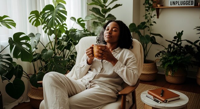 Cozy Slow Living: Female Content Creator Relaxing for Mental Health Without Screens in Natural Afternoon Light
