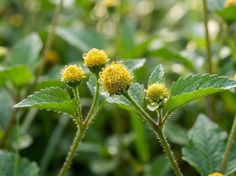Ai generated yellow acmella oleracea flowers with water droplets close up