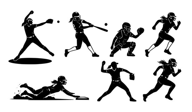 Softball player silhouettes vector illustration female sports action set