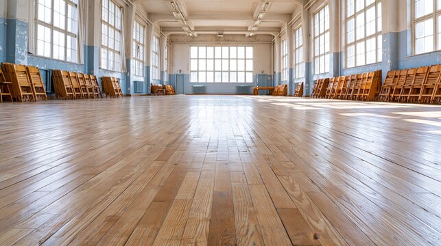 Wide Empty Assembly Hall with Sunlit Wood Floor