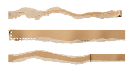 Fototapeta premium Three Torn Brown Paper Strips with Textured Edges on White Background