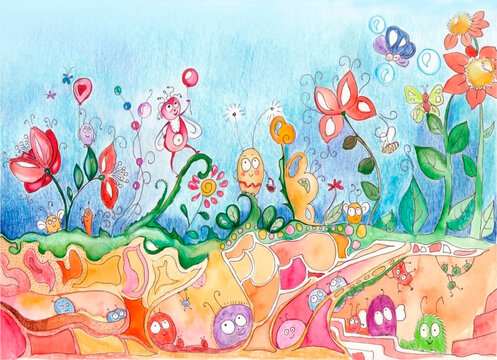 Bright illustration with catroon flies and bugs