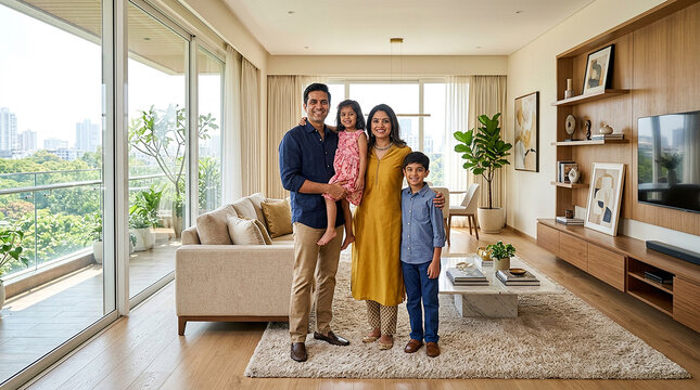 Elegant Interior Design Showcase featuring Happy South Asian Family in New Home