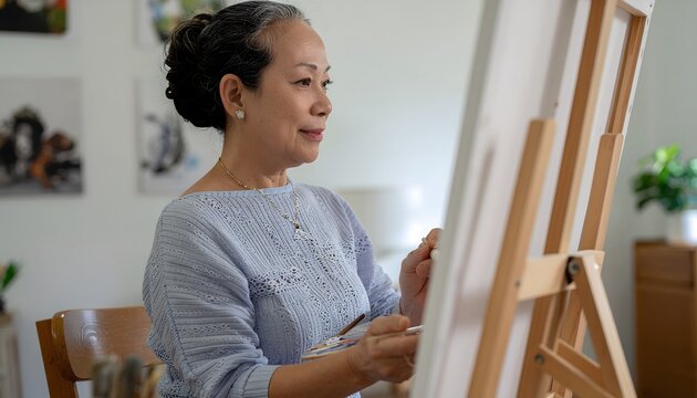 An elderly Asian woman with her hair pulled back, wearing a light blue sweater, is focused on painting on a canvas on an easel.