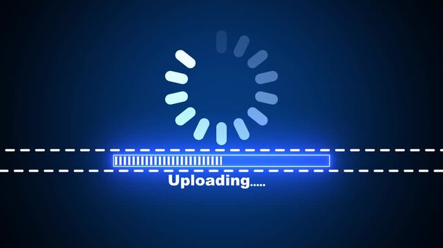 Blue neon uploading progress bar with buffering spinner animation on dark background, futuristic digital interface file transfer indicator 4k video animation.