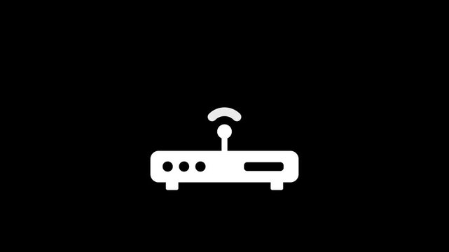 White color WiFi router icon with glowing wireless signal waves on black background, digital internet modem animation for broadband network connectivity with on 4k video animation.