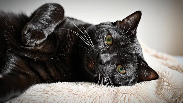 Close-up of a black domestic cat with bright green eyes lying on its back on a beige textured blanket, looking at the camera with its head tilted and white whiskers visible.