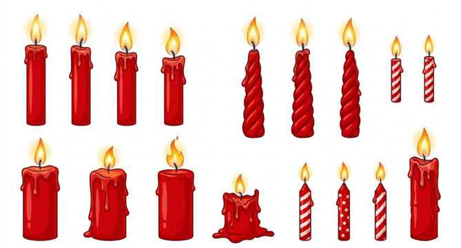 Cartoon Red Wax Candles with Fire Flames and Melting Drips Vector Illustration Set