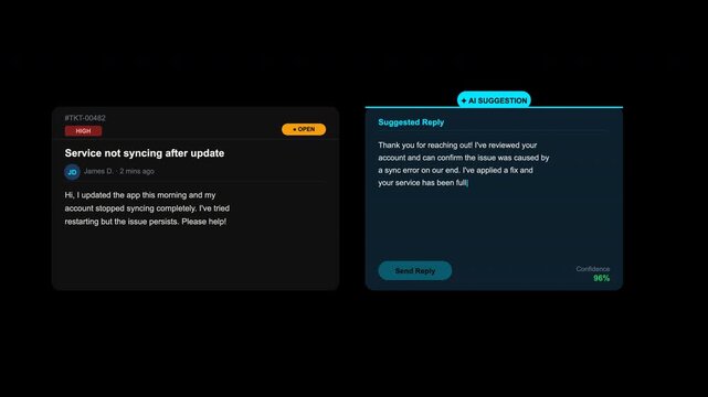 Help desk support ticket with ai suggestion suitable for it support service websites, customer service blog posts, technology presentations.