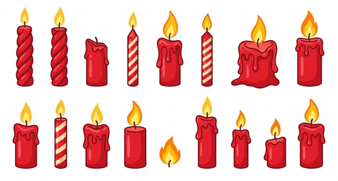 Red Wax Candle Cartoon Vector Set with Flames Wax Drips and Festive Birthday Holiday Decorations