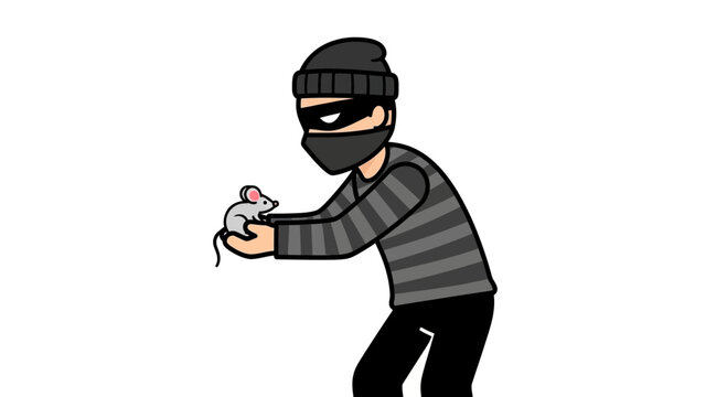 Thief in mask holding a small mouse, cartoon illustration, concept of stealthy crime or unexpected capture
