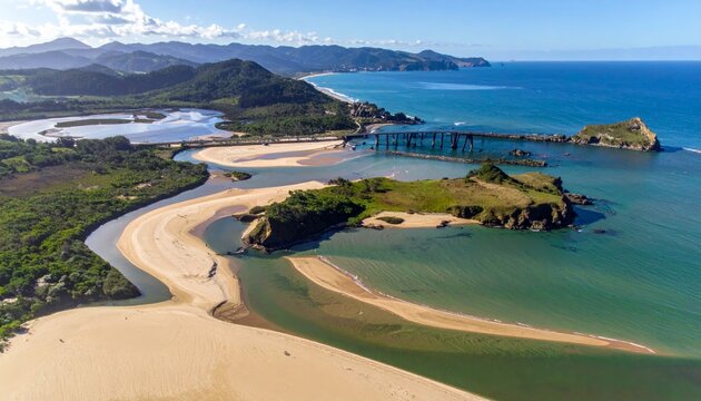 Aerial view of a serene coastal landscape with sandy beach and turquoise waters.