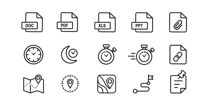 Linear UI Icon Set for Files, Time Tracking, and Map Navigation