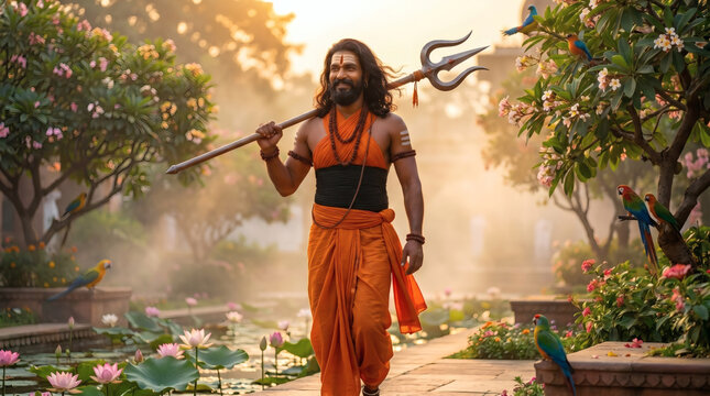 Machindranath inspired Indian yogi walking through a mystical temple doorway with glowing spiritual energy and sacred weapon. Fantasy devotional digital artwork inspired by Nath tradition and Indian s
