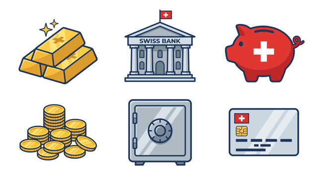 Financial icons including gold bars, a bank, piggy bank, coins, safe, and credit card are displayed.