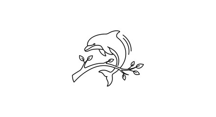Fototapeta premium Minimalist Dolphin Jumping Over Branch with Leaves Line Art