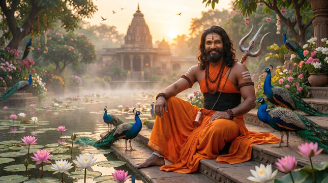Machindranath inspired Indian yogi sitting peacefully on temple pond steps surrounded by blooming lotuses and colorful peacocks. Serene fantasy digital artwork inspired by Nath tradition and Indian sp