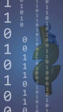 Vertical video: On start cam rotating $ sign with blue figure seated and binary flow, showing money