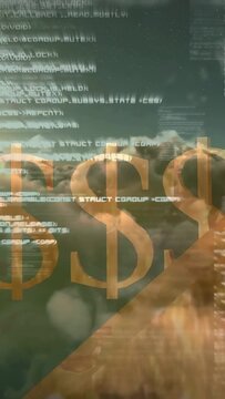 Vertical video: Code starting scrolling, three gold $ signs fading and sliding, visualizing finance