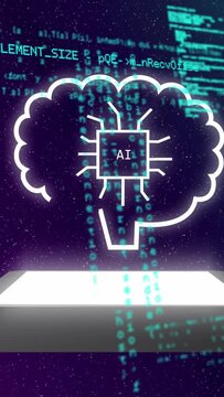 Vertical video: Platform activating, projecting AI brain hologram with chip, visualizing code flow