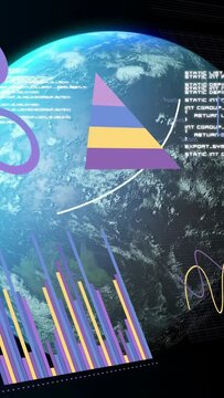Vertical video: On purple circles appearing globe rotating bars rising lines drawing showing trends