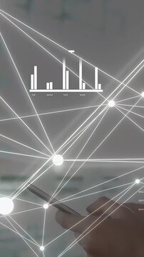Vertical video: Female hand tapping smartphone, causing network overlay and bar charts for business
