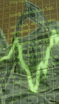 Vertical video: Green line appearing and pulsing code drifting over $100 bill, visualizing markets