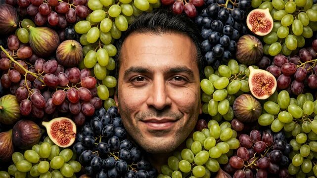 Man's face emerges from a vibrant tapestry of fresh grapes and ripe figs. A close-up view showcases a man's face blending seamlessly with an abundant assortment of green, red, and