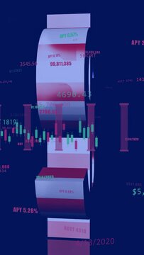 Vertical video: Cam showing 3D $ with US flag rotating, market tags shifting to show live data