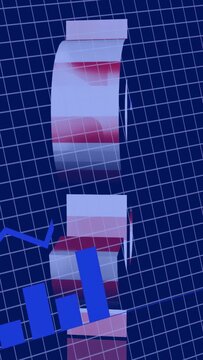 Vertical video: On data update dollar sign slicing floating charts rising reforming to show market
