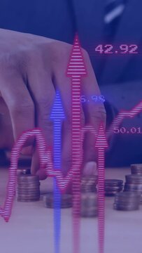 Vertical video: Man adjusting tie, sorting coins tracking funds with chart overlay, hands clasping