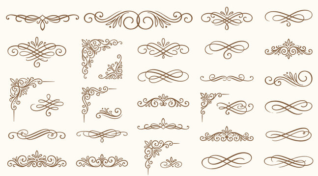 Elegant calligraphic flourishes and swirl ornaments, set of 8 black ink decorative vector elements, hand drawn filigree scroll accents for wedding invitations