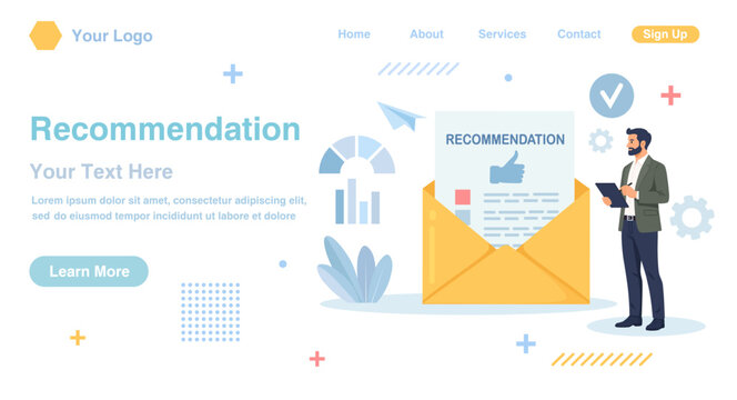 Recommendation letter in mail envelope. Businessman sends appreciation document for apply new job. Experience or qualification guarantee. Education reward concept. Vector flat illustration