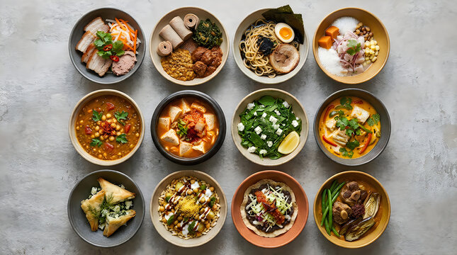 Twelve Rustic Ceramic Bowls of Global Street Food Including Ramen, Ceviche, Korean Sundubu, Ethiopian Injera, Greek Spanakopita and Mexican Tlayuda on Grey Stone Surface