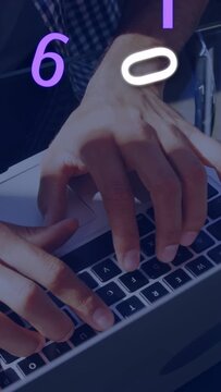 Vertical video: Left hand entering keys making digits floating, hands typing to pad showing data