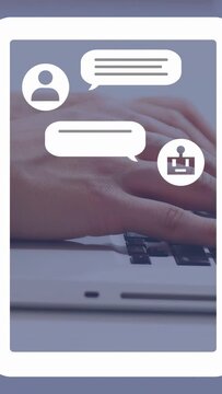 Vertical video: Man typing on laptop keys, making avatars, messages, robot icon appearing for tech