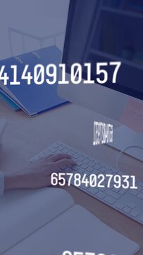 Vertical video: Woman typing on keyboard, initiating floating numbers and updating finance records