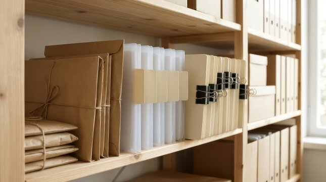 Organized archive shelf with kraft packets frosted sleeves binder clips and document folders for office workflow management report header