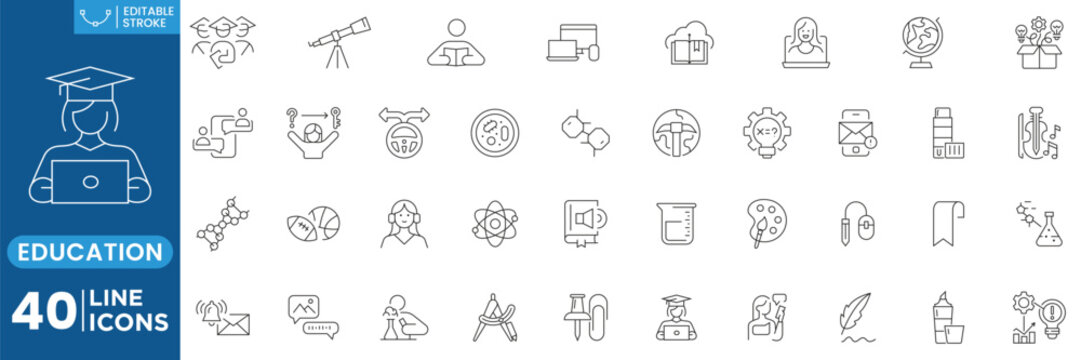 Education and Learning Thin Line Icons Set with Online Study, School Elements and Editable Stroke Vector Illustration