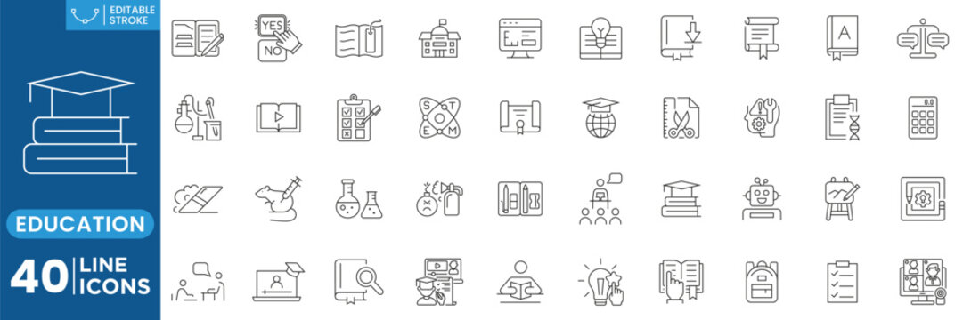 Education and Learning Thin Line Icons Set with Online Study, School Elements and Editable Stroke Vector Illustration