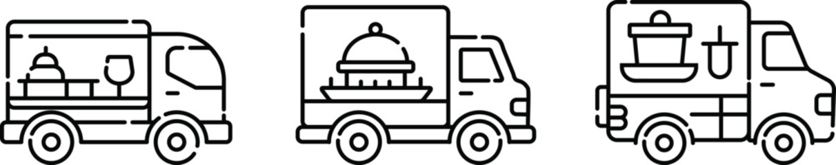 Fototapeta premium Hand Drawn Food Truck Icons Set Vector Illustration, Street Food and Mobile Restaurant Line Art Collection
