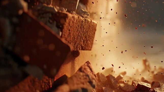Dynamic close-up capture of construction bricks shattering into fragments and dust upon powerful impact or collapse