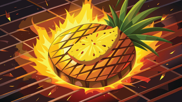 Grilled pineapple slice with flame effect on charcoal barbecue grid vector illustration for summer food theme menu design 