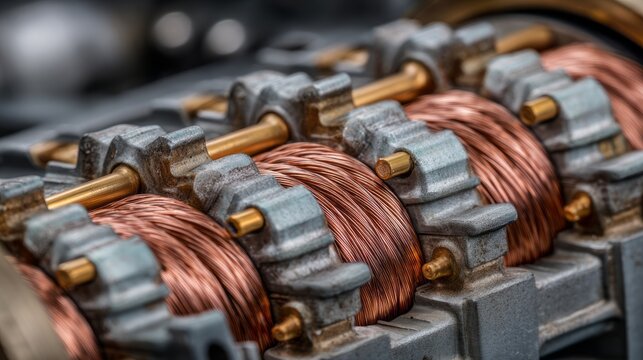 Close up macro view of electric motor stator with detailed copper windings showing precision engineering, industrial machinery components, electrical power system technology, and mechanical manufactur