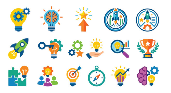 Innovation icons set flat design with lightbulb rocket and brain symbols