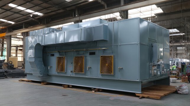 Industrial air handling unit with internal motor and exhaust plenum fan, detailed hvac ventilation system equipment for clean airflow and temperature control, mechanical air circulation components ins