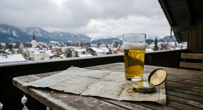 Beer glass with vintage map and compass on winter balcony
